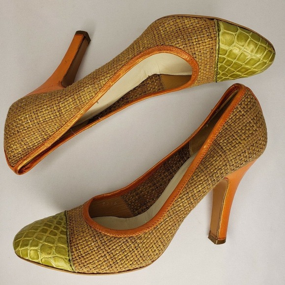 PRADA Woven Color Block Orange Croc Cap Toe Green Leather Trim Pumps Size 37 EU - Picture 15 of 15